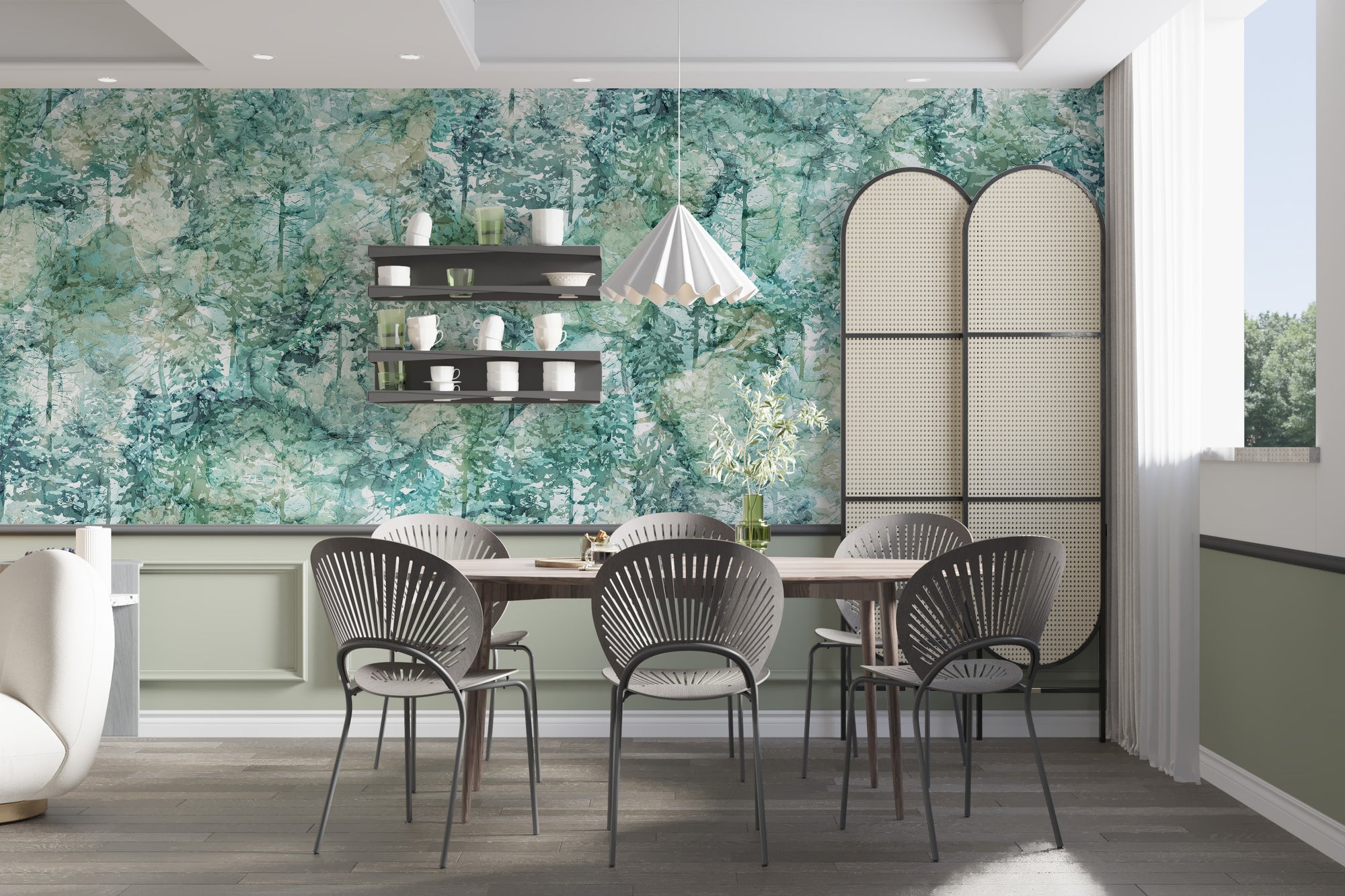 Fresh Green Vibes Tropical Forest wallpaper shown as a full feature wall that highlights the design