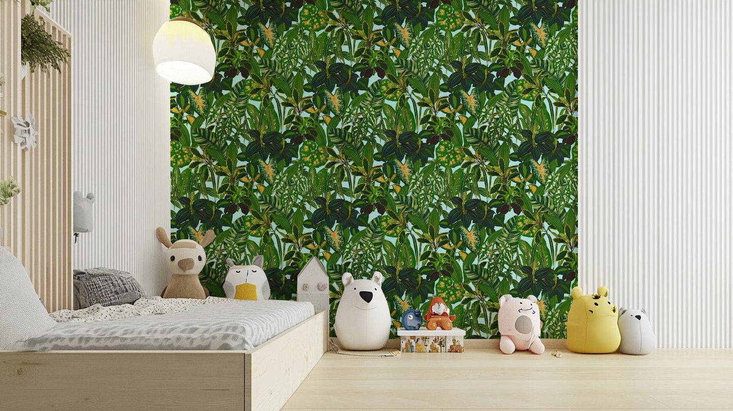 Green Tropical Plants Wallpaper on a living room wall


