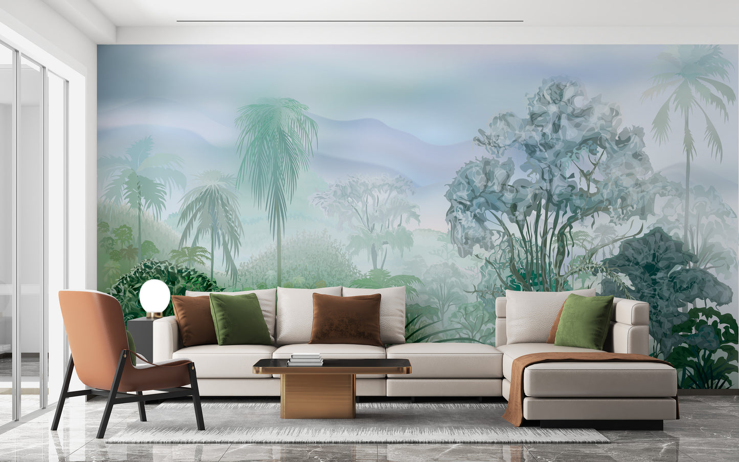 Green Tropical Rainforest wallpaper mural in soft green behind a cream sectional sofa in a bright living room