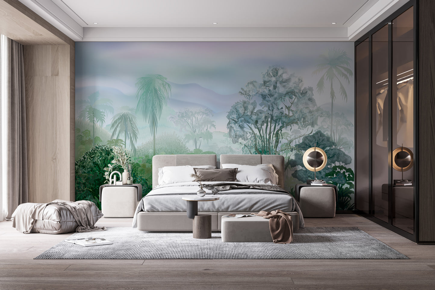 Green Tropical Rainforest wallpaper mural in misty green and lavender behind a beige bed in a modern bedroom