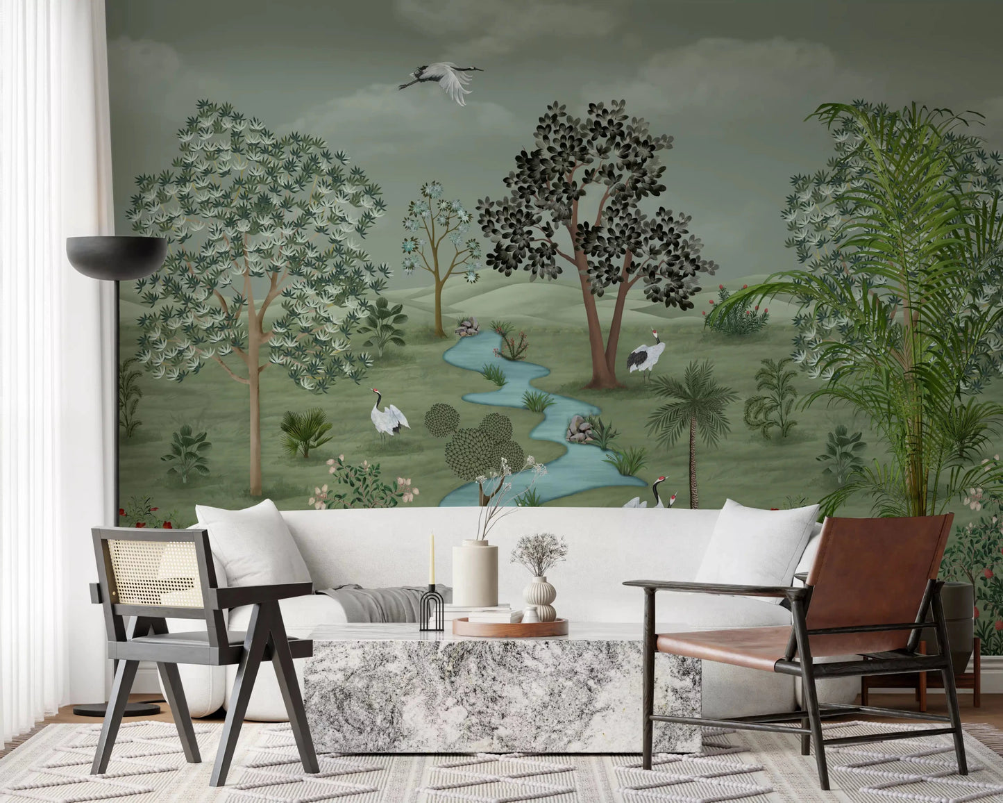 Nature-inspired Green Valley Crane Vista mural, ideal for a hallway accent wall.