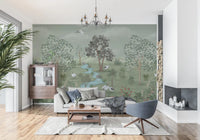 Tranquil wall mural with cranes, perfect for creating an elegant living room atmosphere.