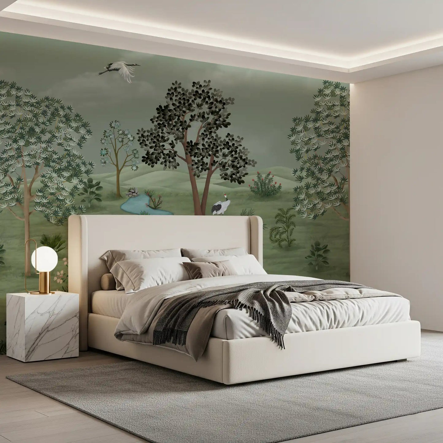Premium Green Valley Crane Vista mural, a stunning piece for a bedroom.
