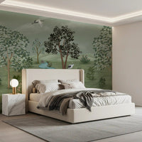 Premium Green Valley Crane Vista mural, a stunning piece for a bedroom.