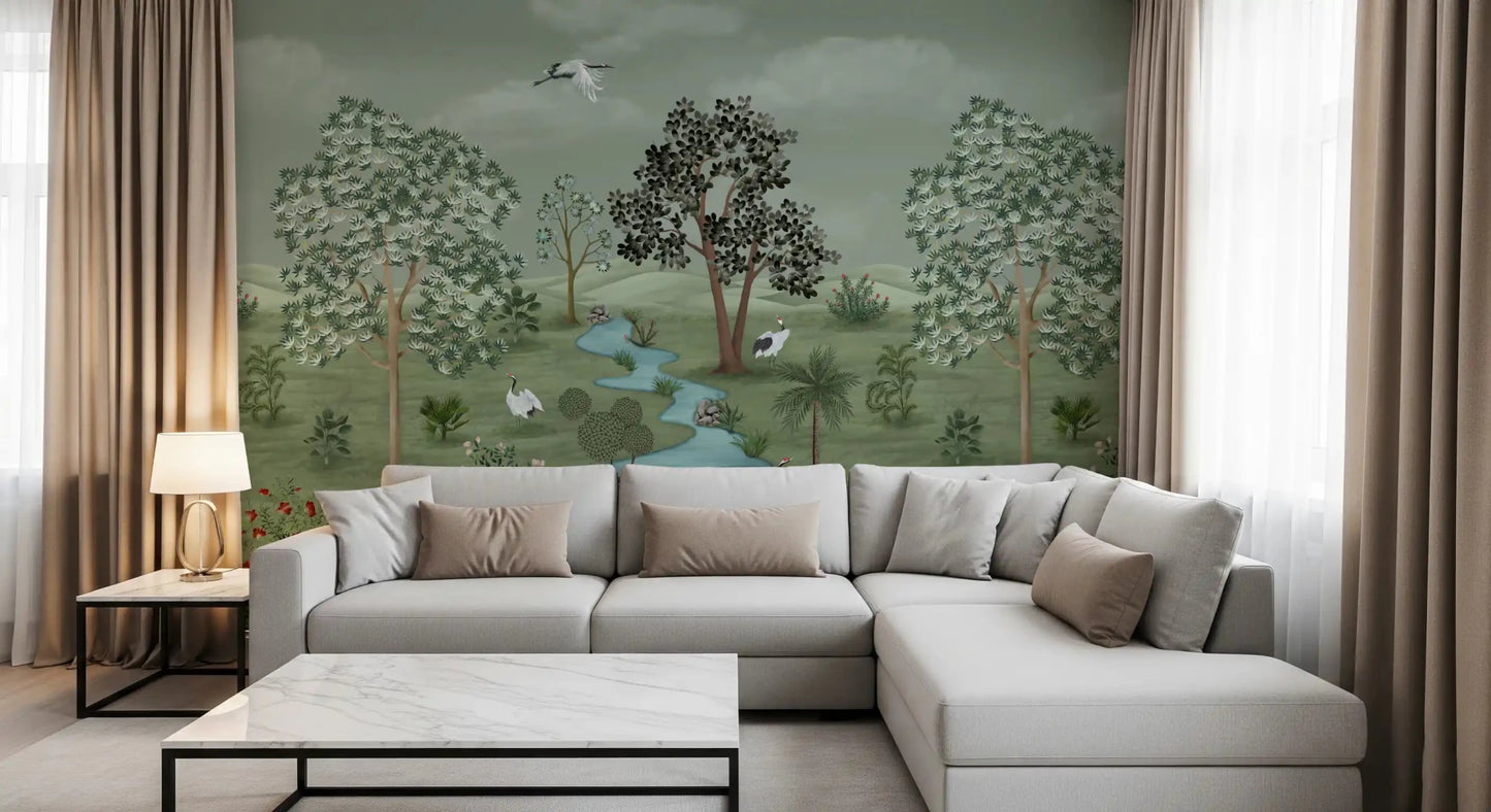 A peaceful wall mural of cranes and trees, ideal for a home office.