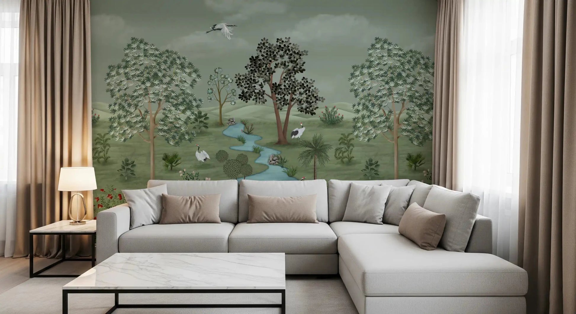 A peaceful wall mural of cranes and trees, ideal for a home office.