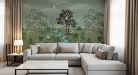 A peaceful wall mural of cranes and trees, ideal for a home office.