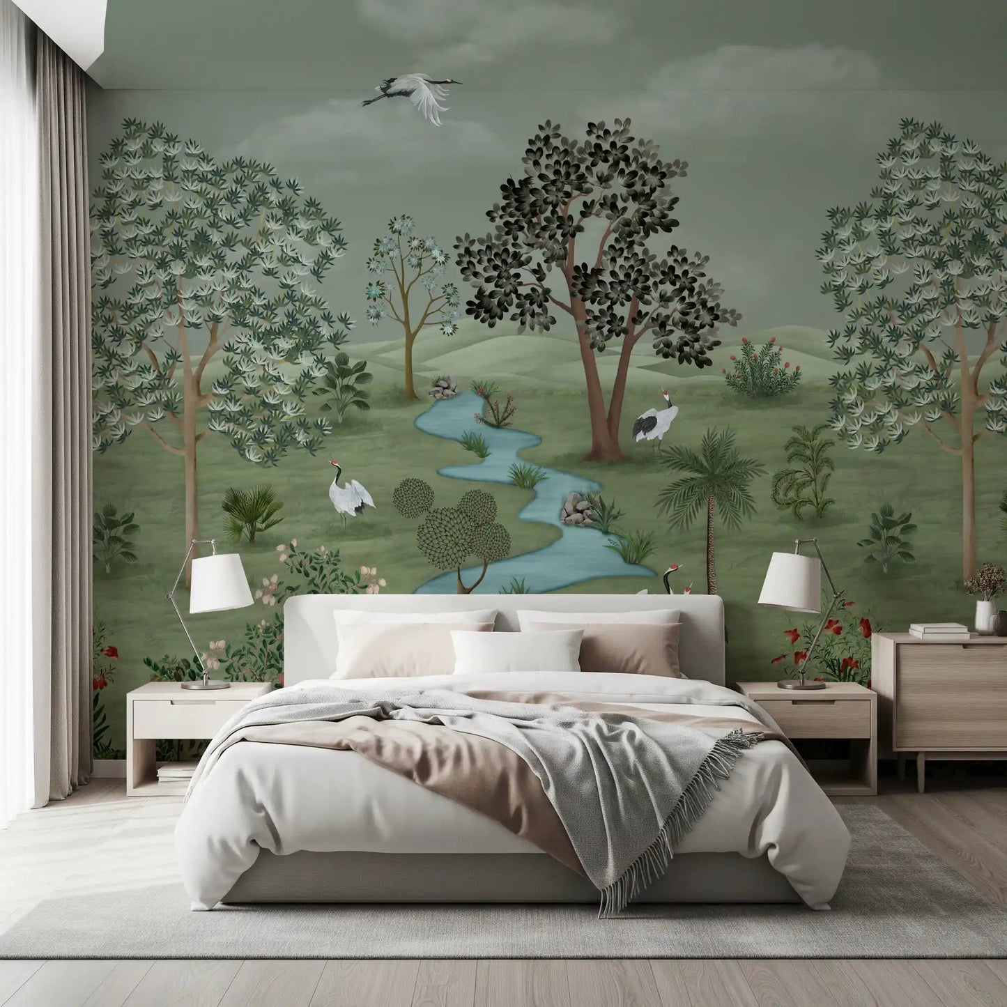 Wall mural of cranes and lush greenery, great for a relaxing bedroom.