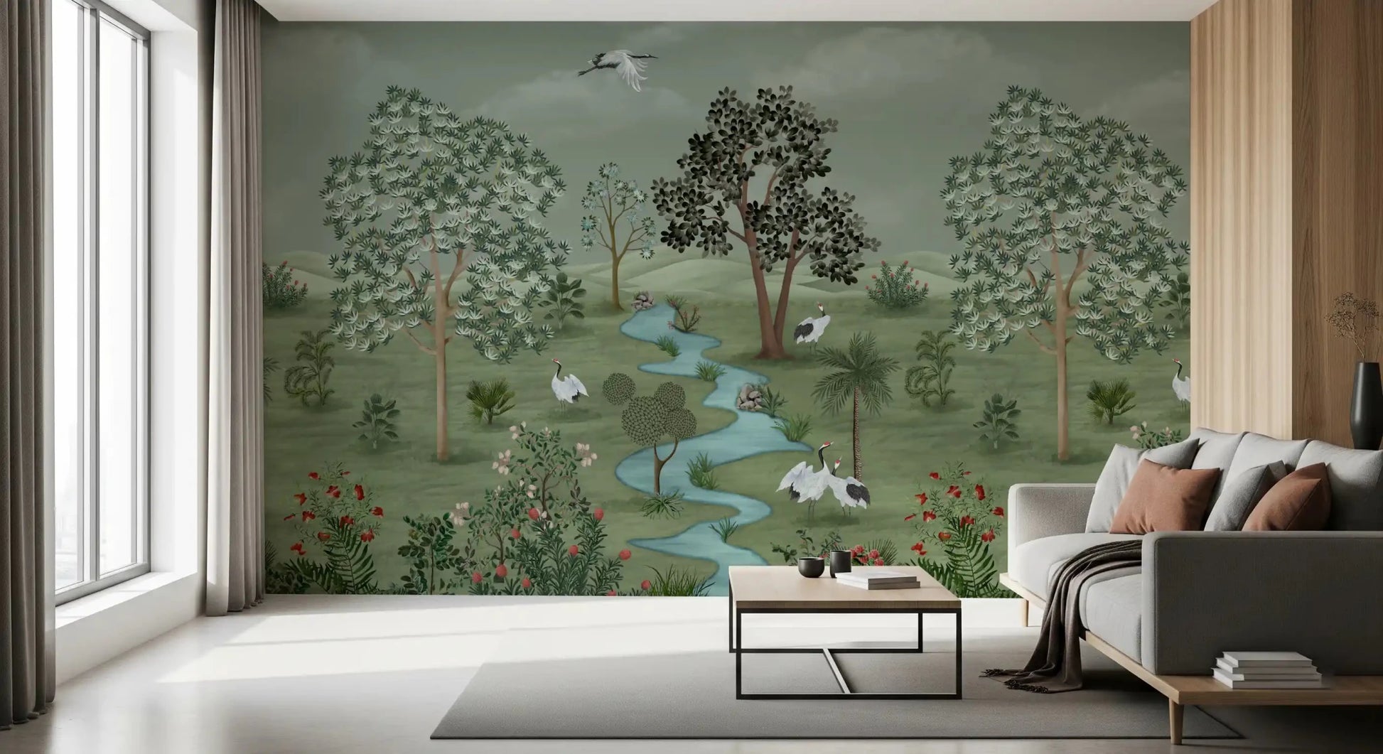 Green Valley Crane Vista wall mural adds a calming natural scene to a living room.