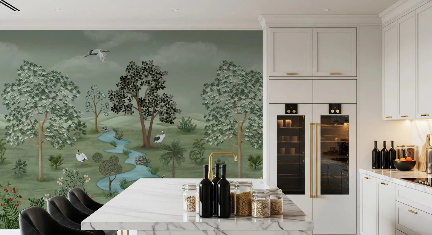 This serene crane mural transforms any dining room into a tranquil retreat.