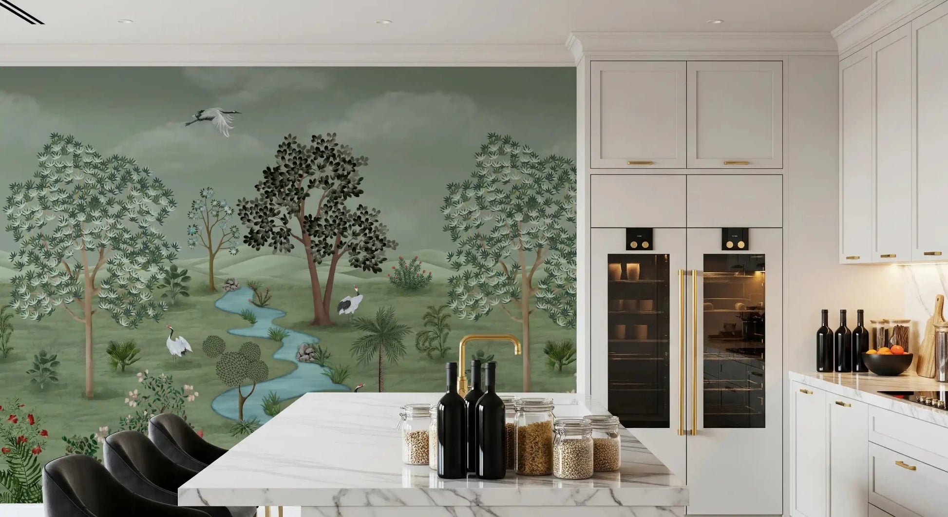 This serene crane mural transforms any dining room into a tranquil retreat.