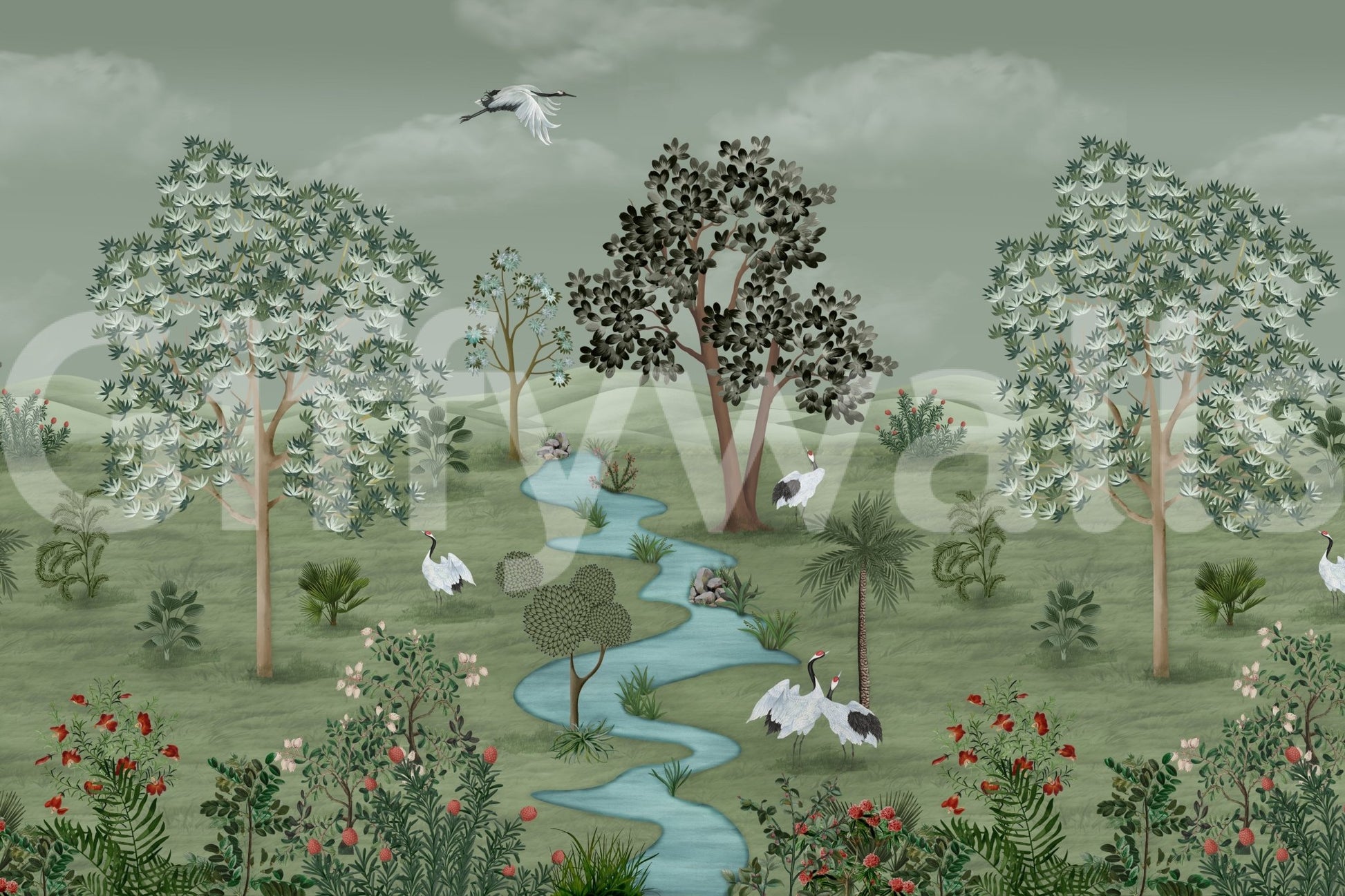 Peaceful scene with cranes by a flowing river surrounded by lush greenery in a wall mural.
