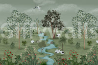 Peaceful scene with cranes by a flowing river surrounded by lush greenery in a wall mural.