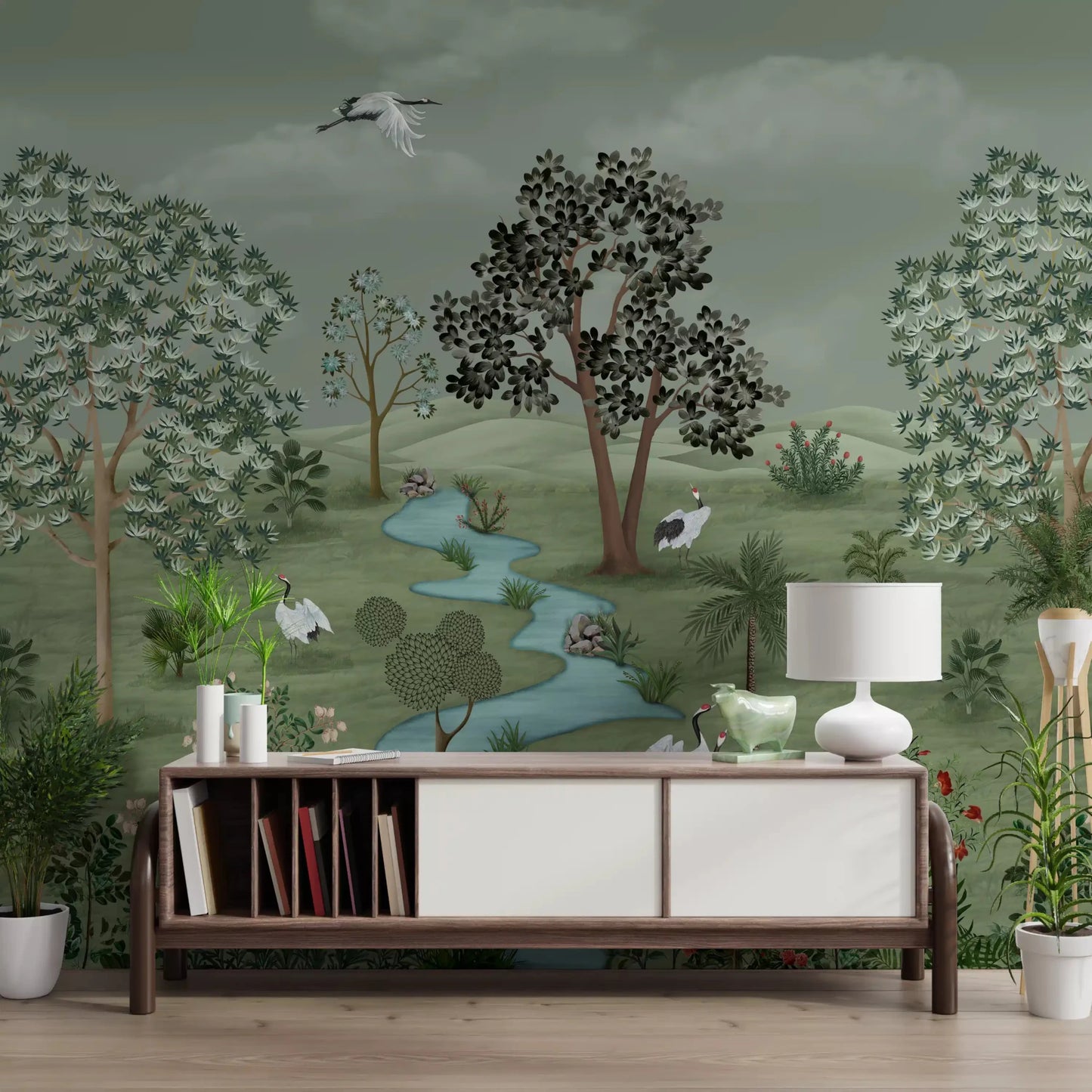 Wall mural of cranes near a stream, adding calm energy to a study room.