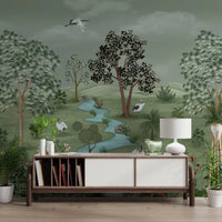 Wall mural of cranes near a stream, adding calm energy to a study room.