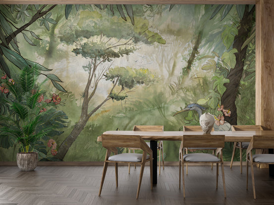 Green Watercolor Forest wallpaper mural shown as a full feature wall that highlights the design