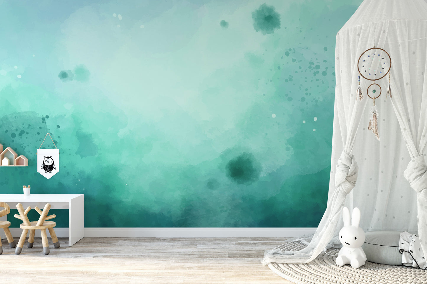 Watercolor green mural for a soft and artistic wall aesthetic.
