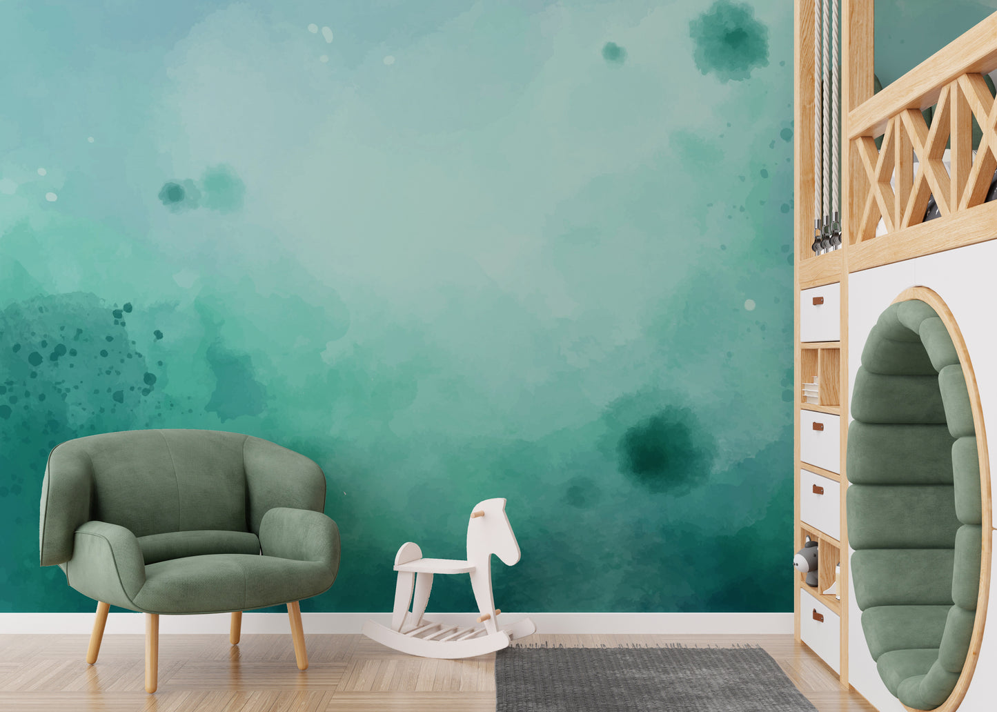 Minimalist green watercolor mural creating a soothing ambiance.
