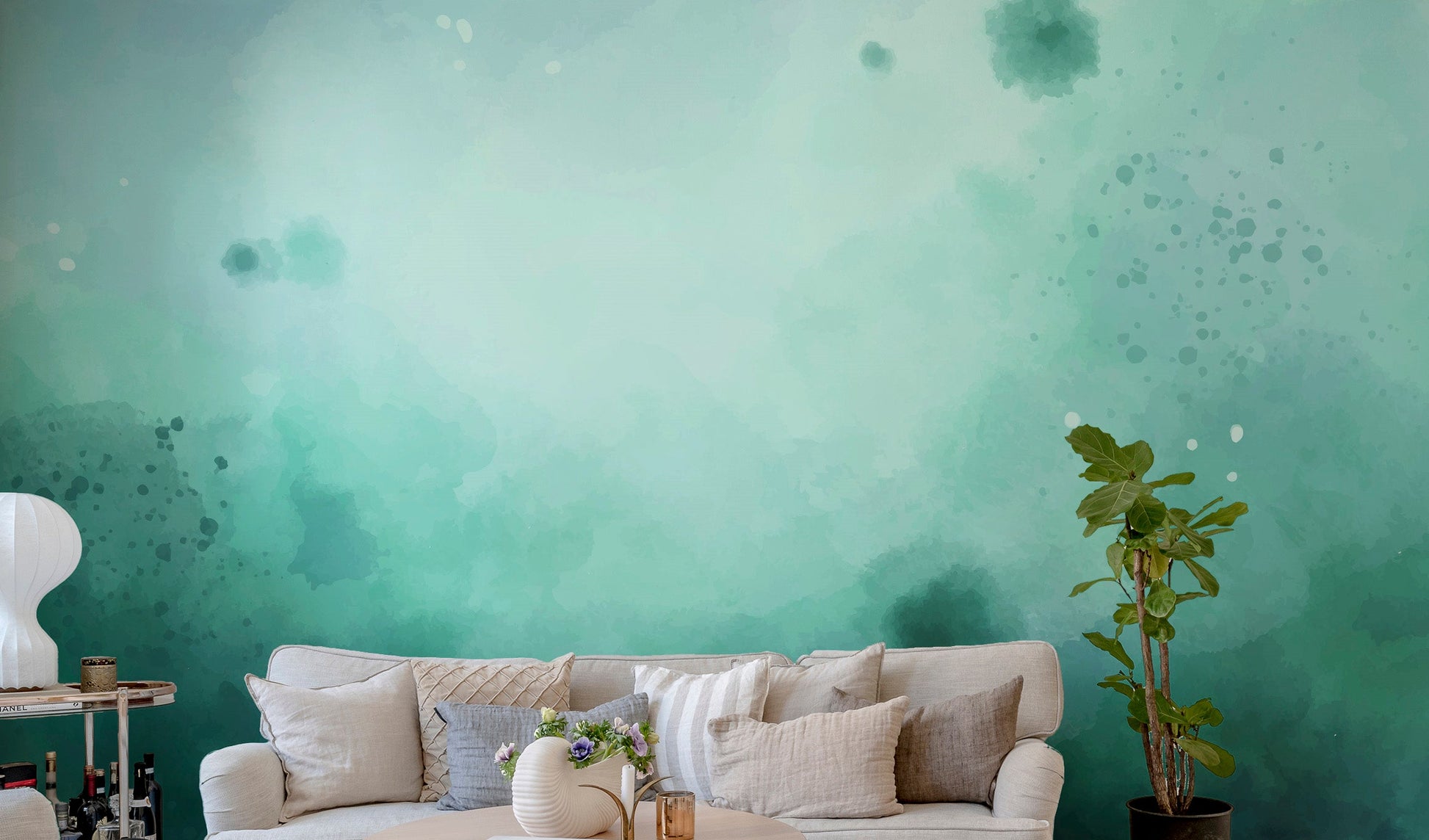 Elegant green watercolor wallpaper mural for modern interiors.
