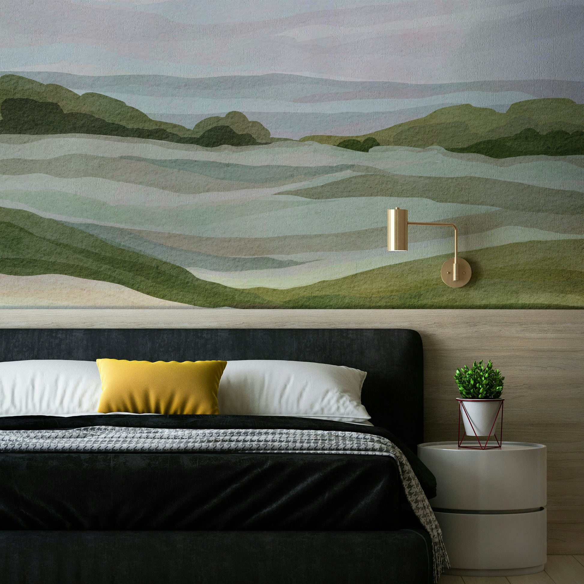 Large-scale green hillscape mural for feature wall


