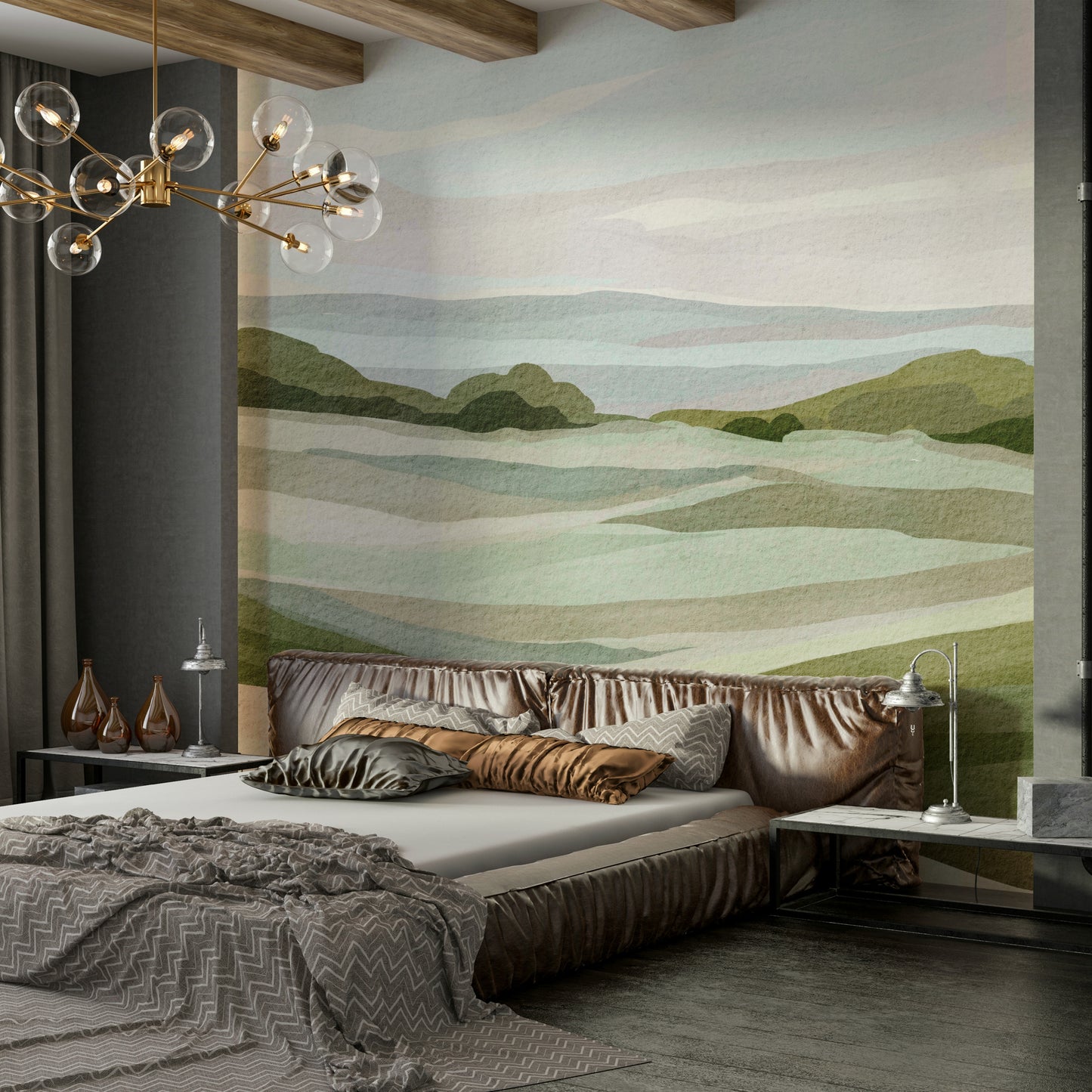 Lush green landscape wall mural for living rooms

