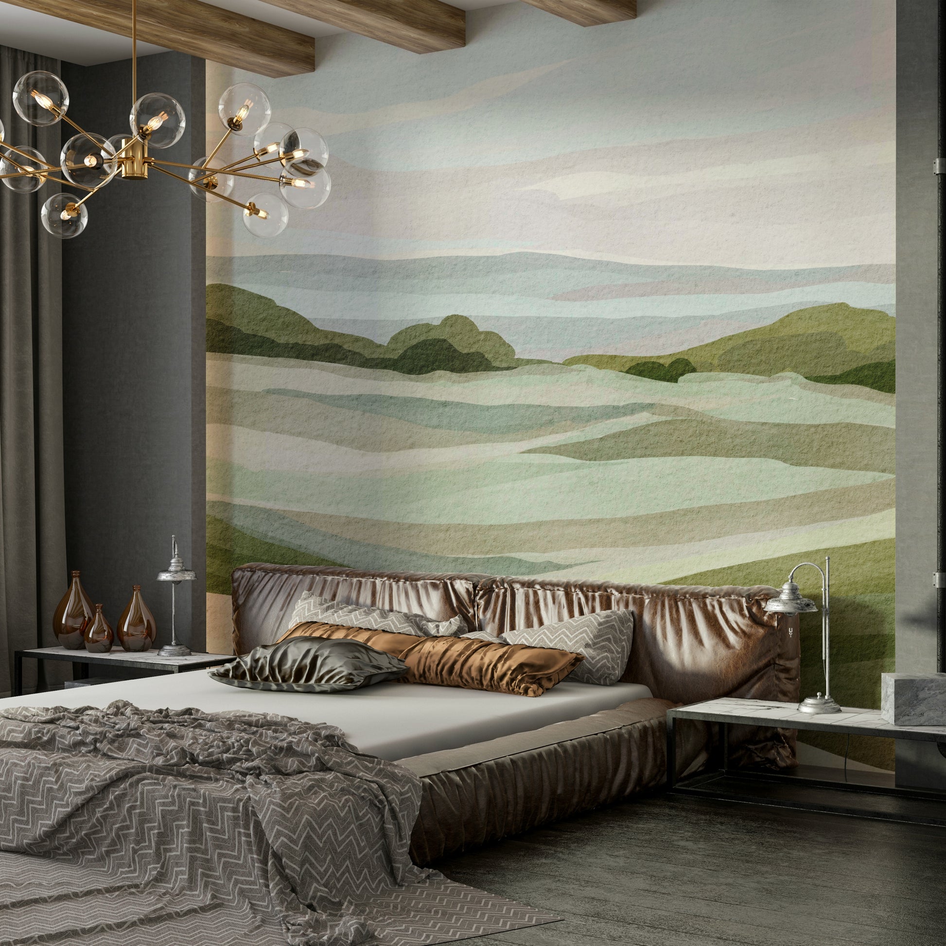 Lush green landscape wall mural for living rooms


