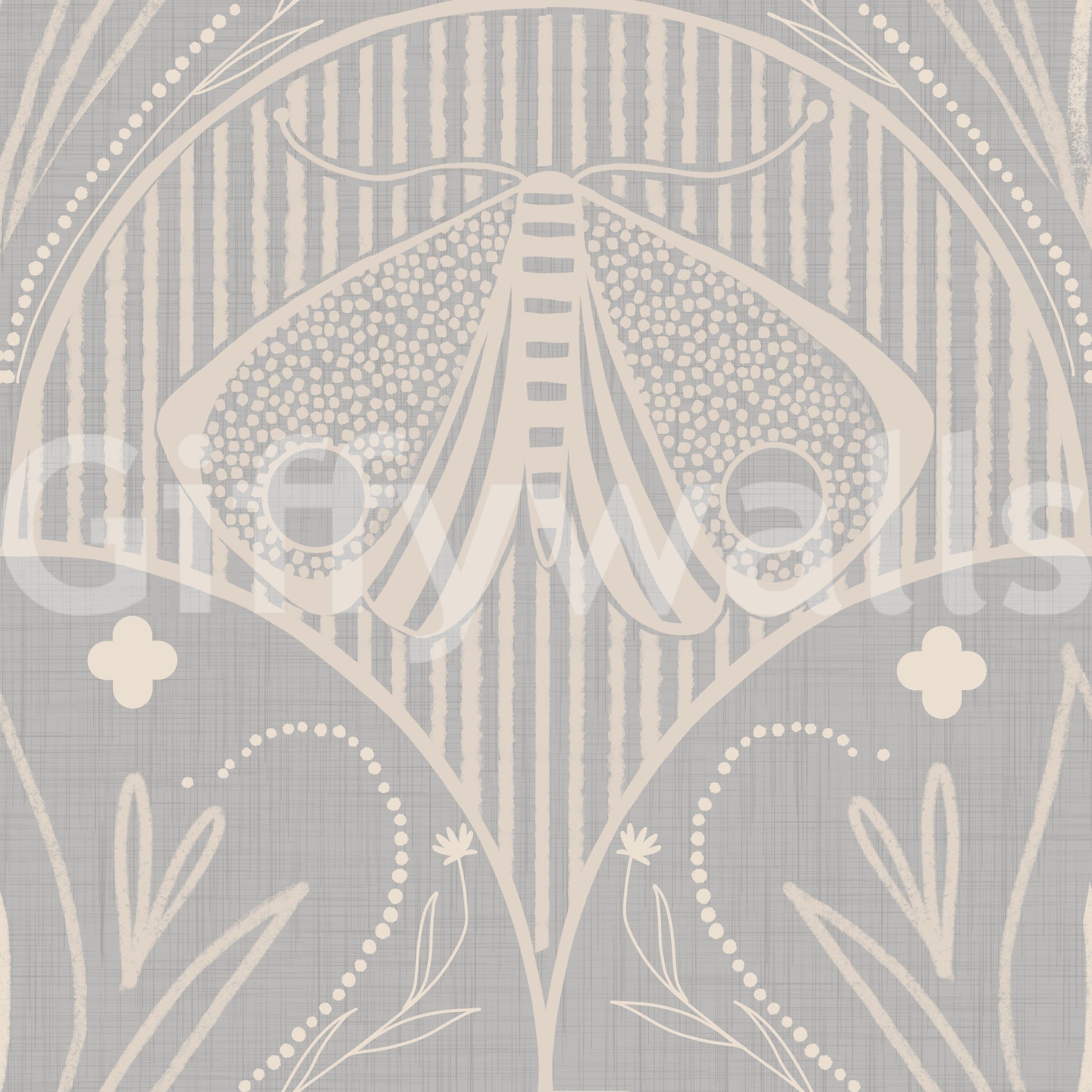Abstract moth floral wallpaper textured light grey boho pattern.