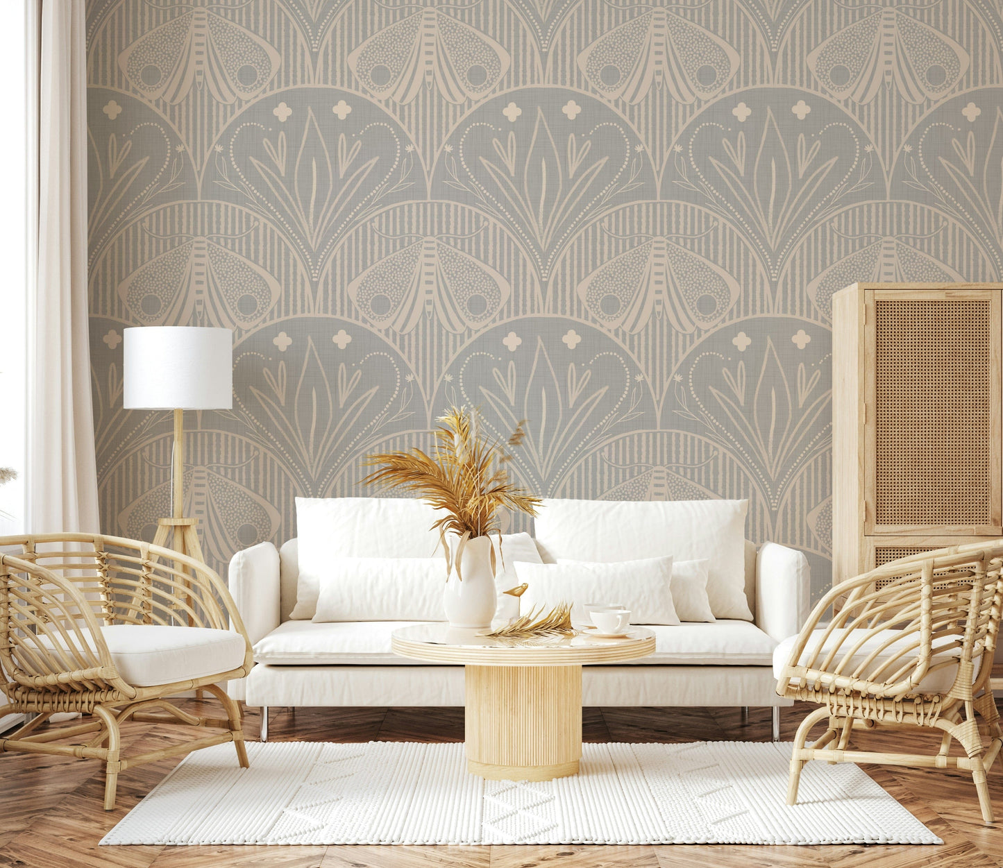 Delicate moth scallop wall covering in soft light grey pattern.