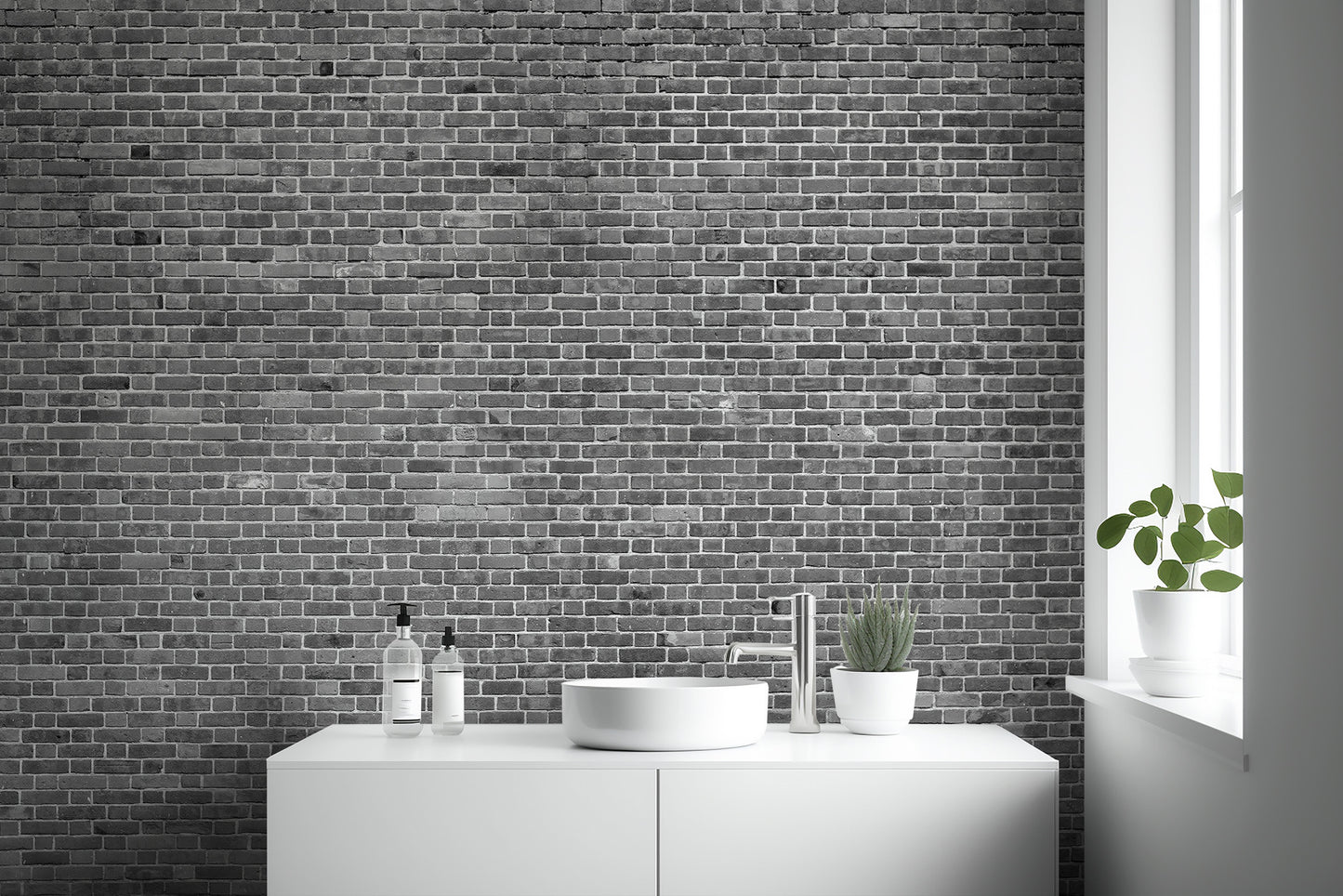 Industrial style faux brick wall mural for a home bathroom.