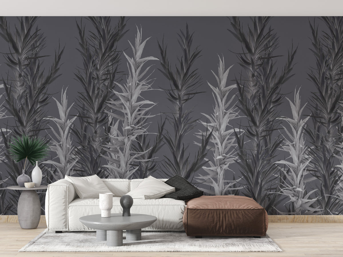 Grey Dracaena wallpaper mural styled along a hallway feature wall near a console in gray tones