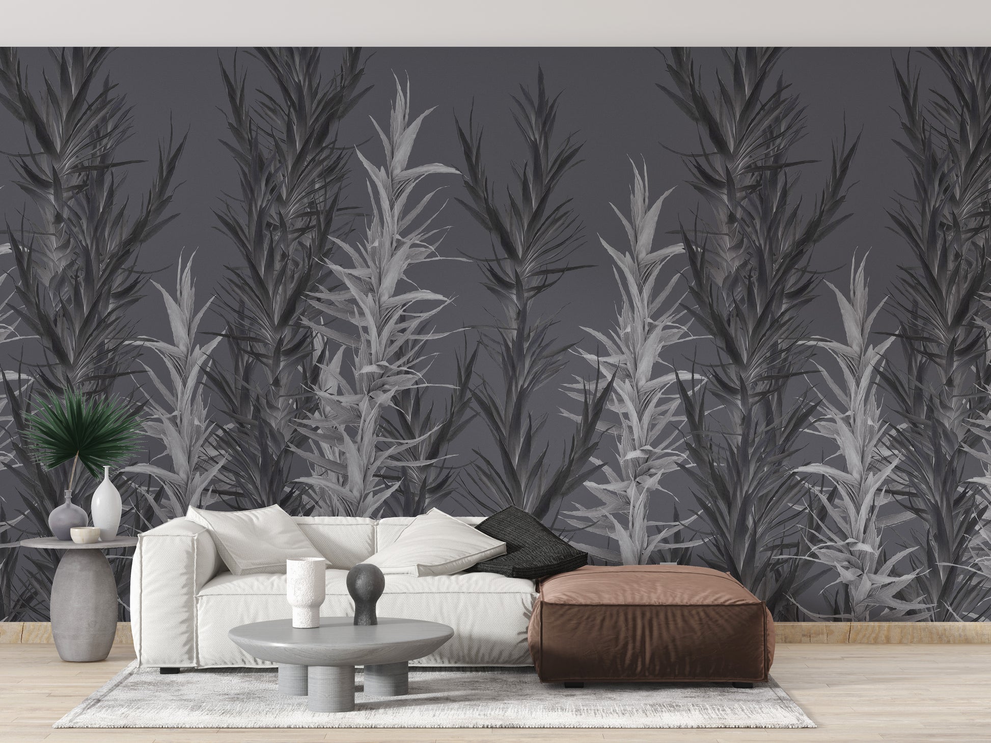 Grey Dracaena wallpaper mural styled along a hallway feature wall near a console in gray tones
