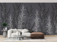 Grey Dracaena wallpaper mural styled along a hallway feature wall near a console in gray tones