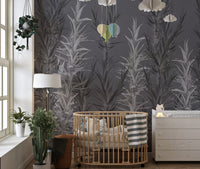 Grey Dracaena wallpaper mural as a bedroom feature wall behind the headboard in gray tones