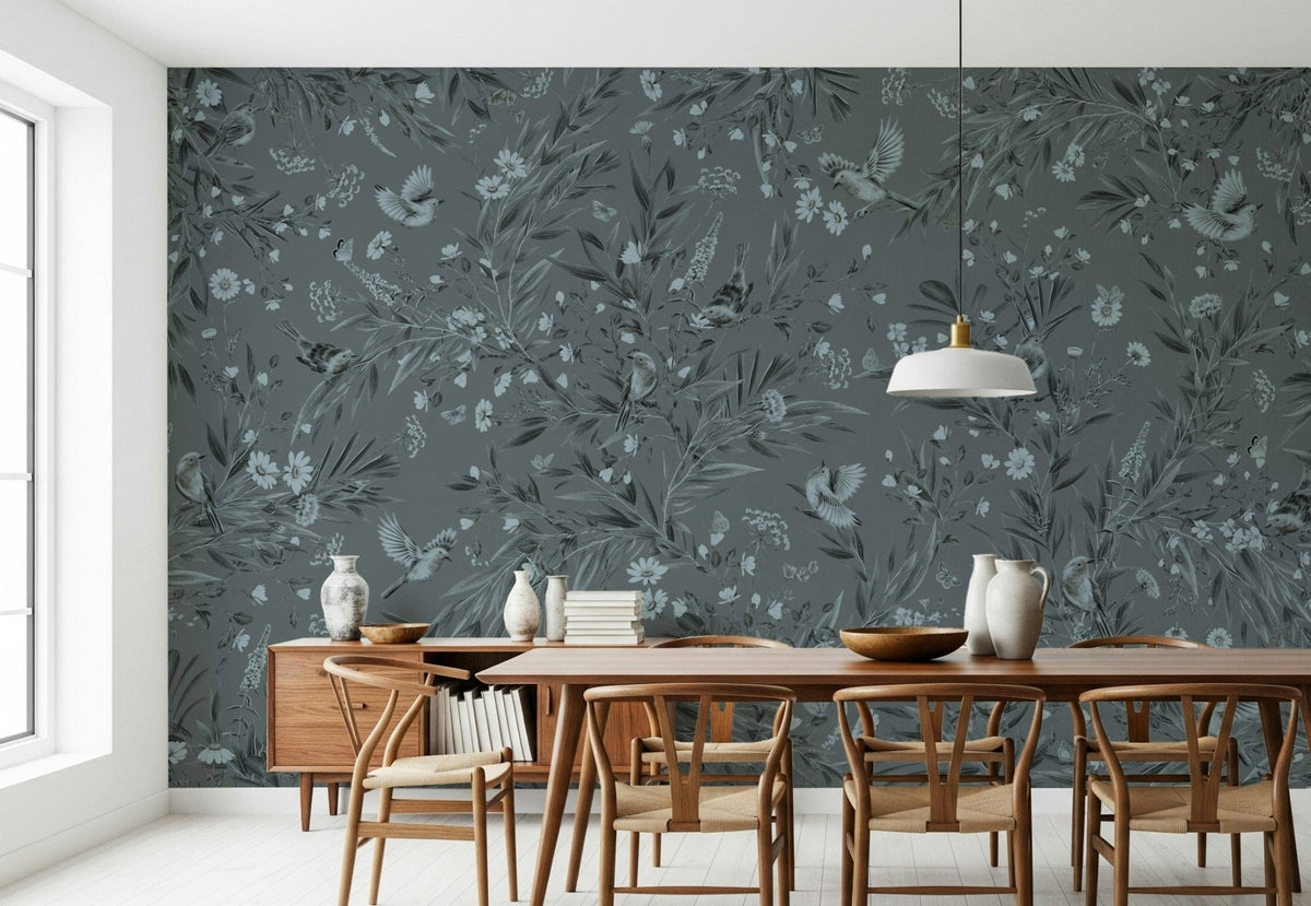 Soft and elegant wall mural of birds integrated into grey-toned floral designs