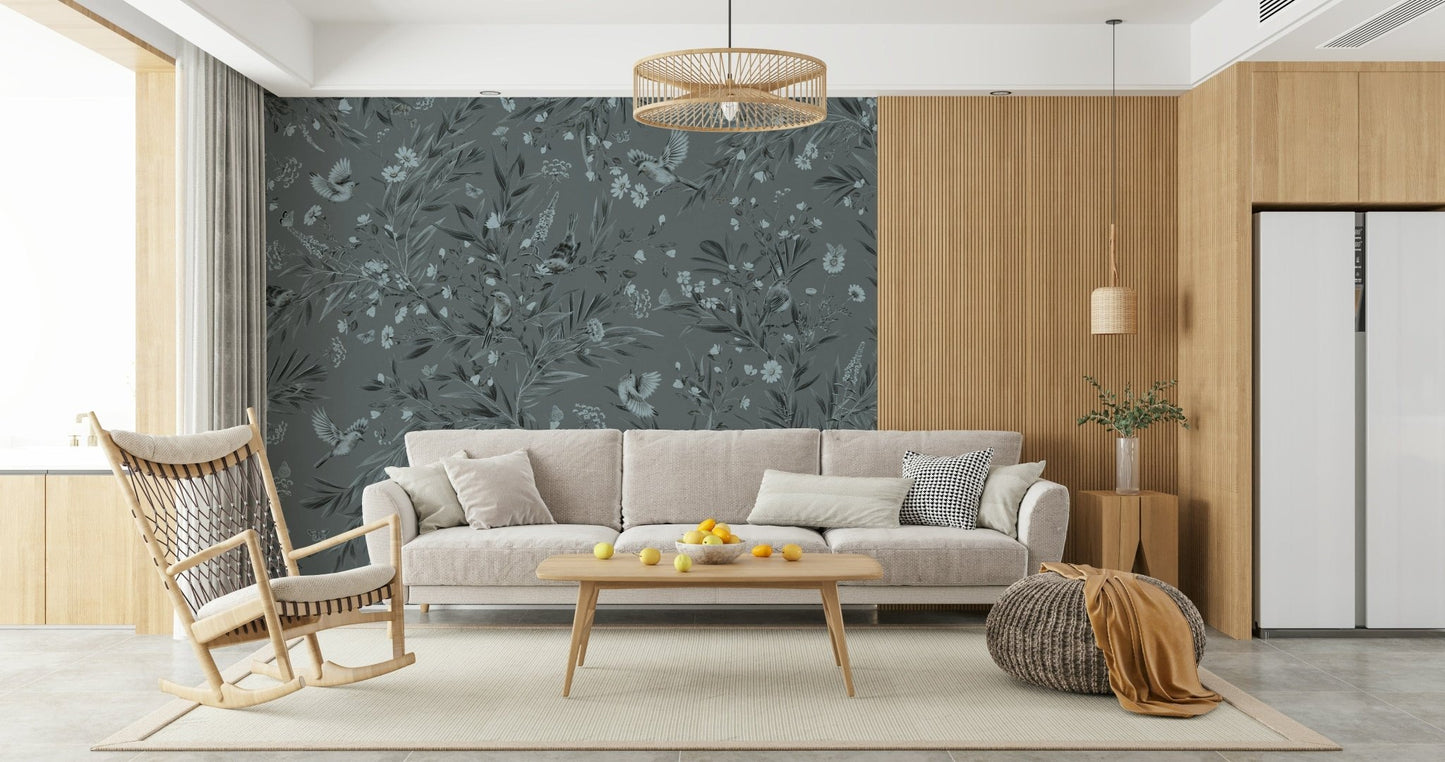 Tranquil aviary mural with birds resting on branches against soft grey flowers