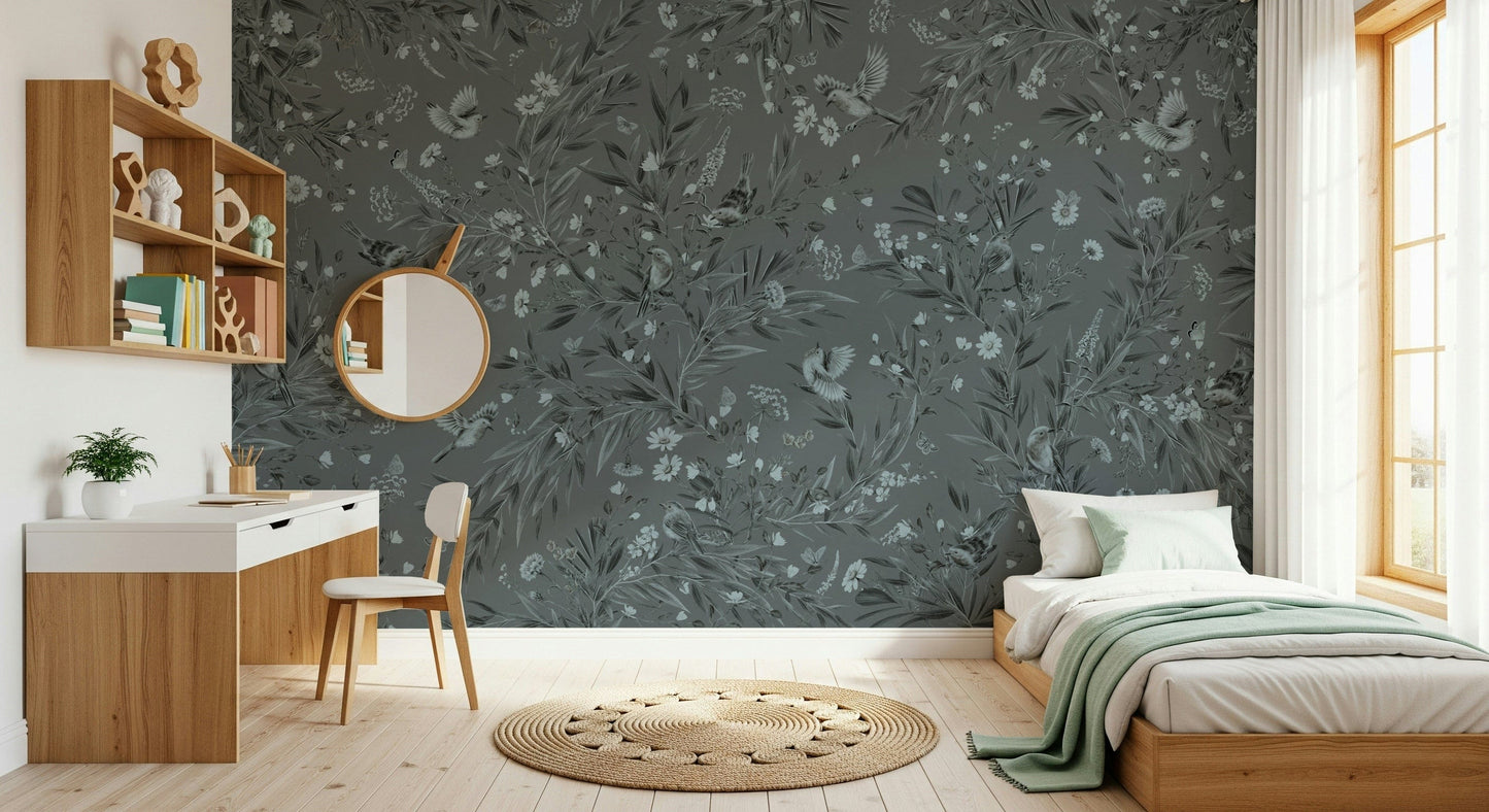 Serene floral mural in grey tones with birds creating a calm nature scene
