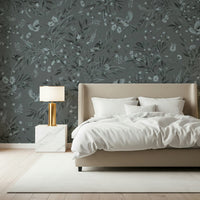 Muted grey wall art featuring songbirds perched on flowering branches