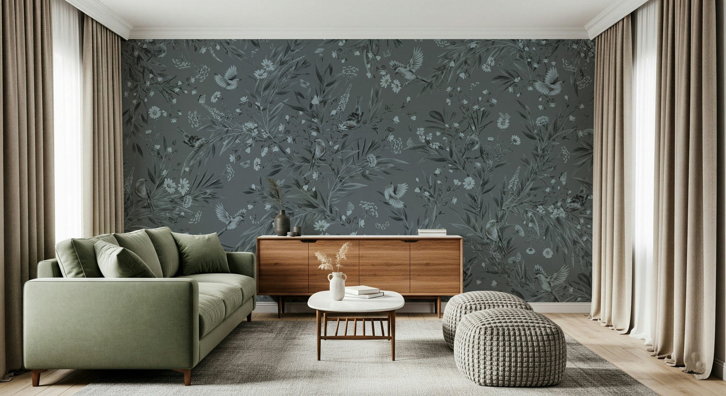 Romantic botanical mural with birds nestled among muted grey flowers