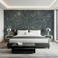 Whimsical aviary mural blending birds with delicate grey blooms and leaves