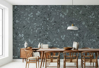 Soft and elegant wall mural of birds integrated into grey-toned floral designs