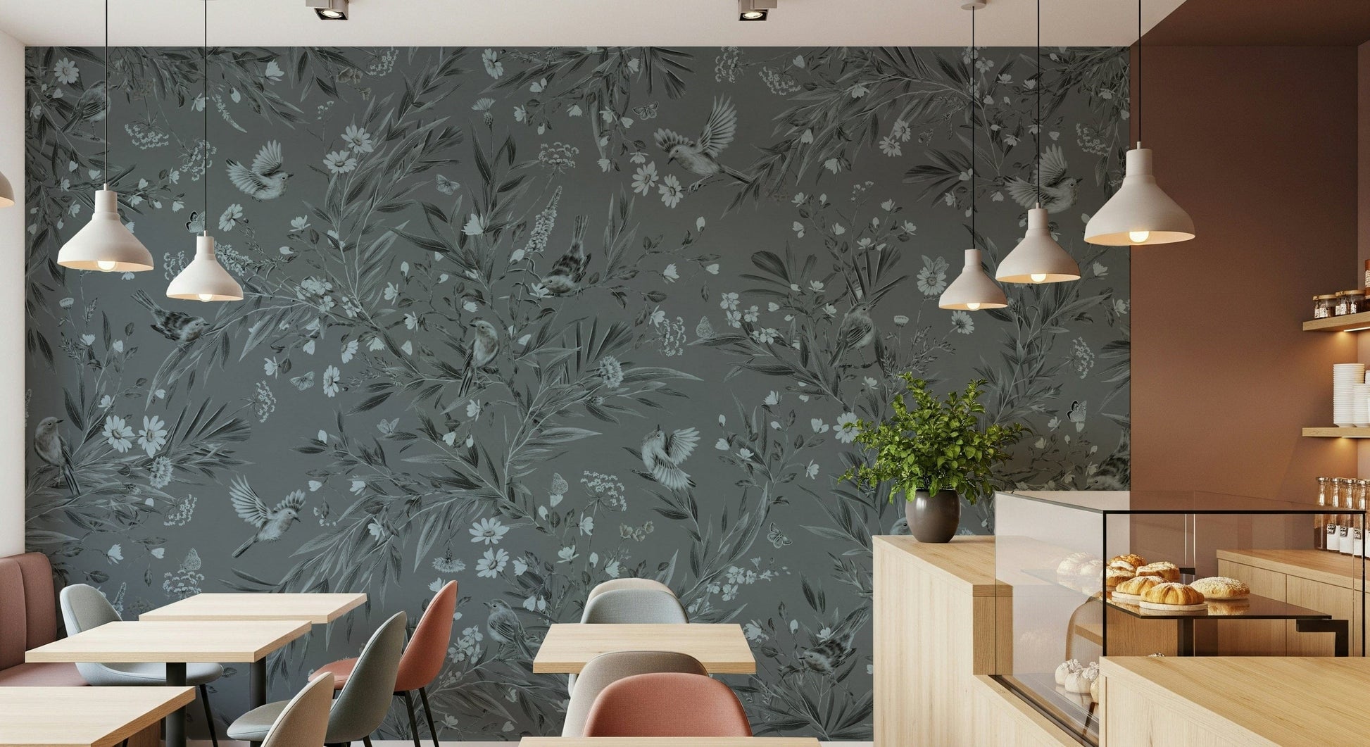 Nature-inspired mural showing graceful birds amidst grey floral foliage
