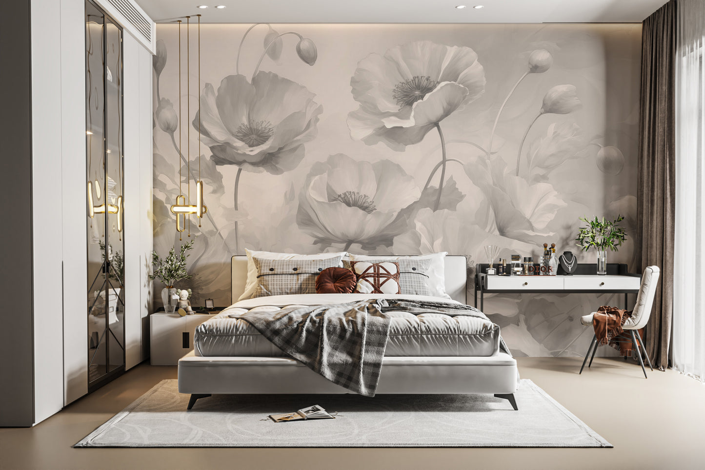 Grey Floral wallpaper of grey poppies behind a white upholstered bed beside a white vanity desk