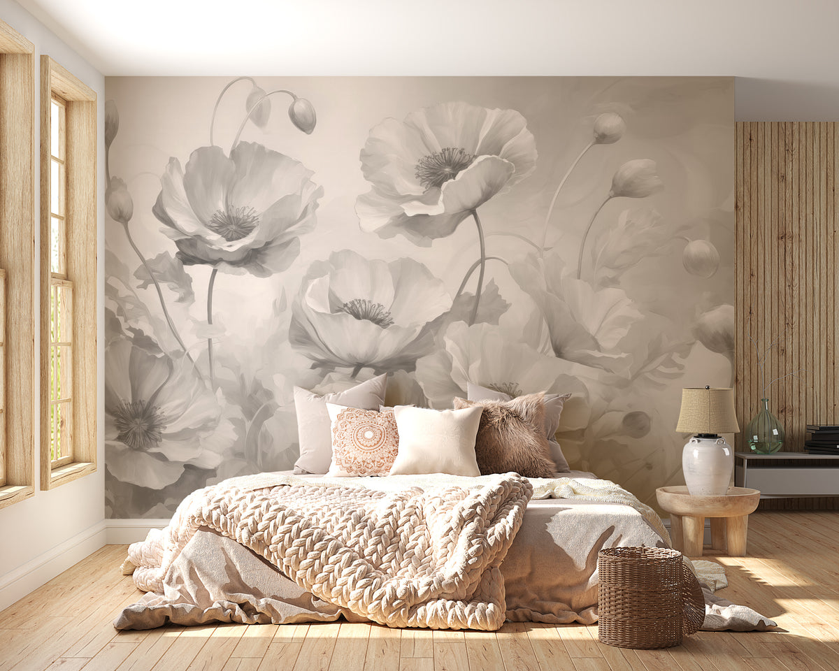 Grey Floral wallpaper of soft grey poppies behind a bed dressed in beige knit bedding