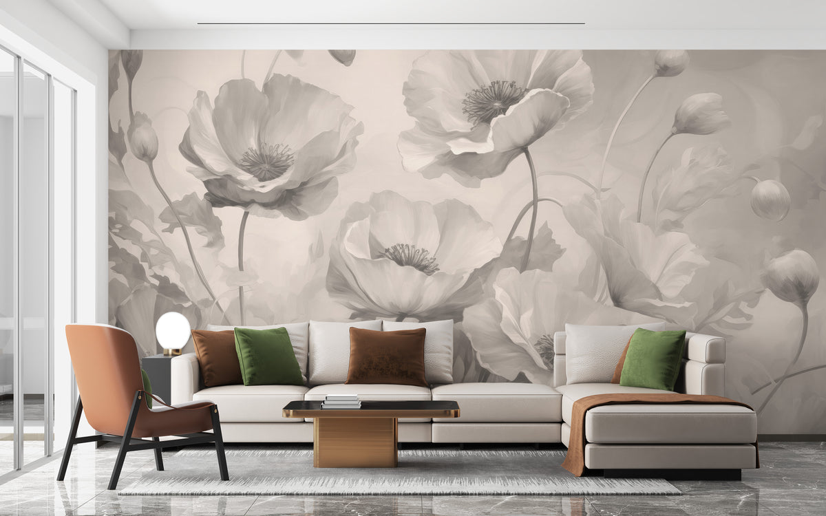 Grey Floral wallpaper of pale grey poppies behind a cream sectional sofa with green and rust pillows