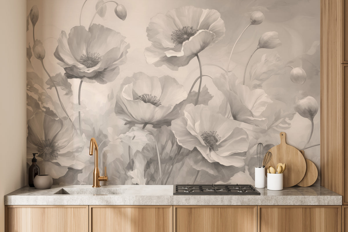 Grey Floral wallpaper with large soft grey poppies above a wood kitchen counter with brass faucet