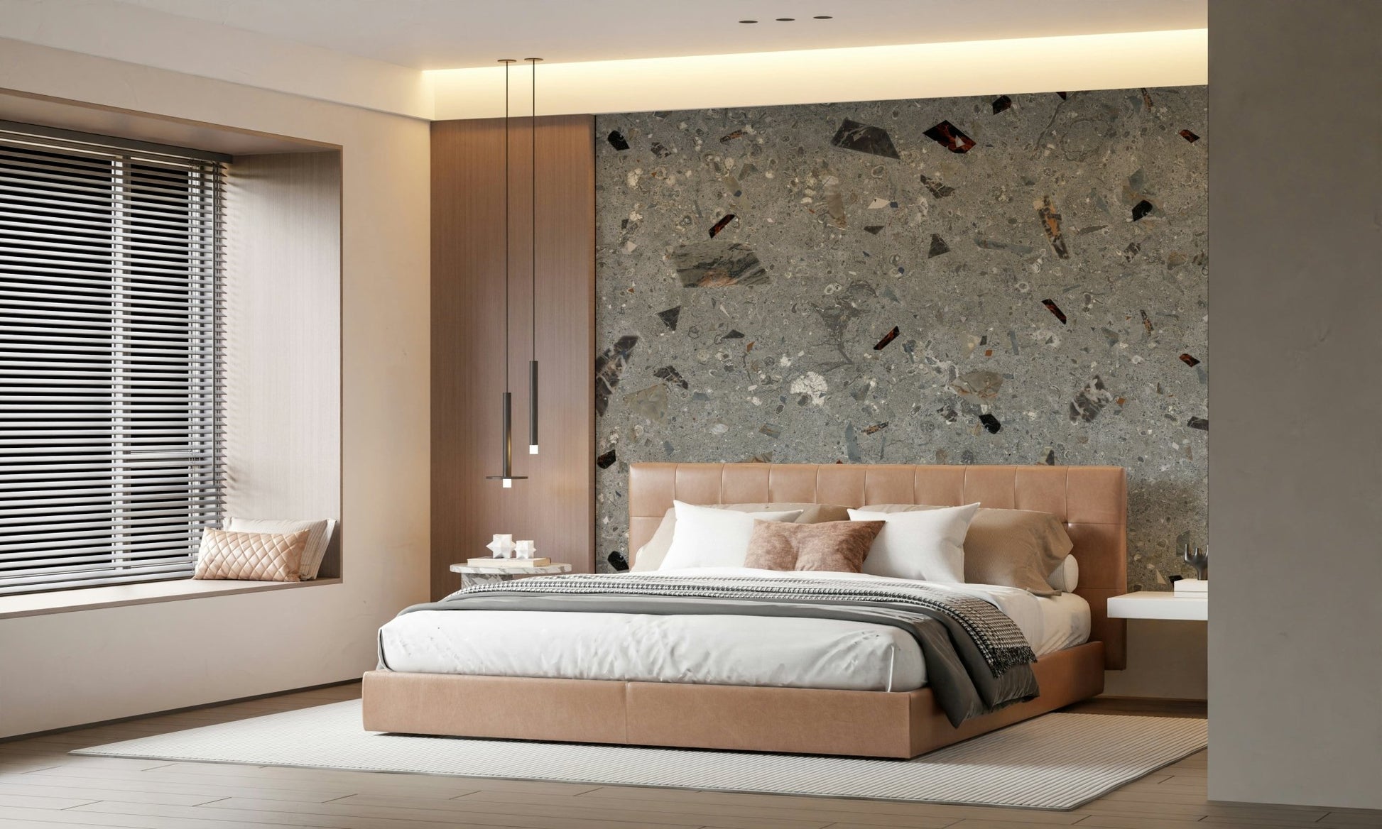 Speckled Natural Stones Terrazzo mural application on bathroom wall.