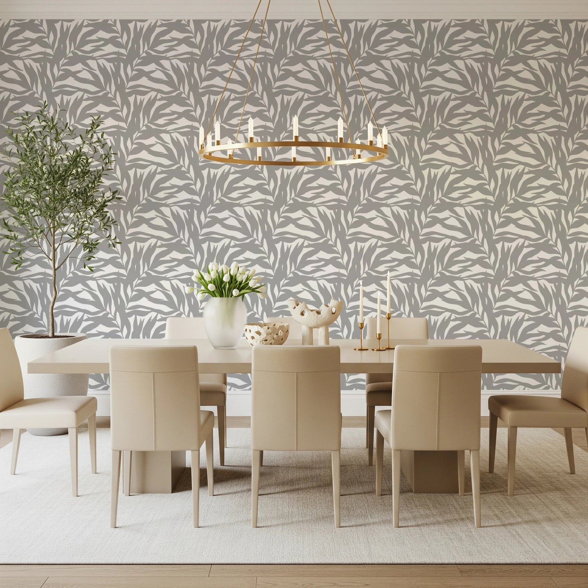 Grey leaves canopy on white botanical Wallpaper⁠