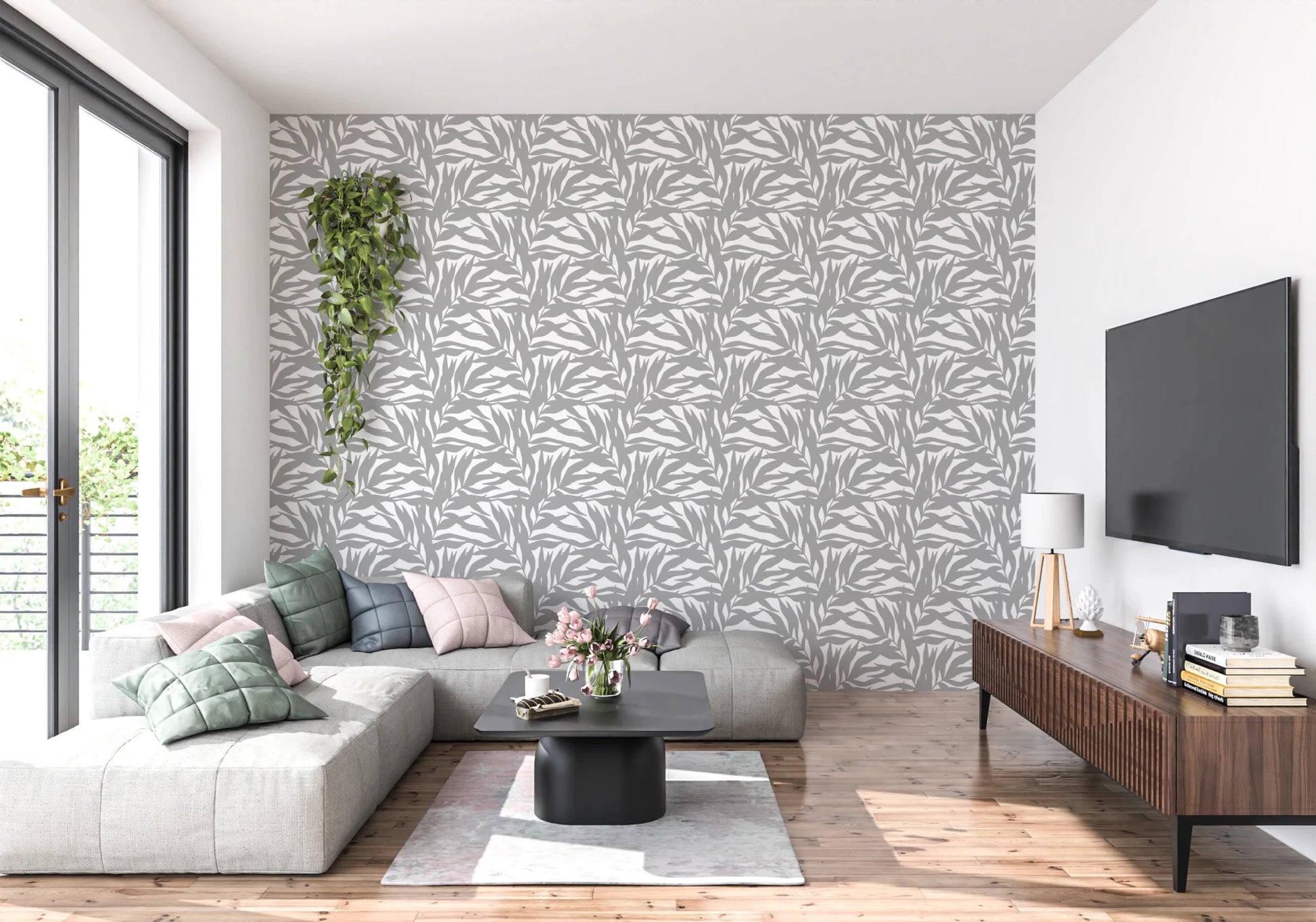 Grey leaves canopy on white botanical Wallpaper⁠