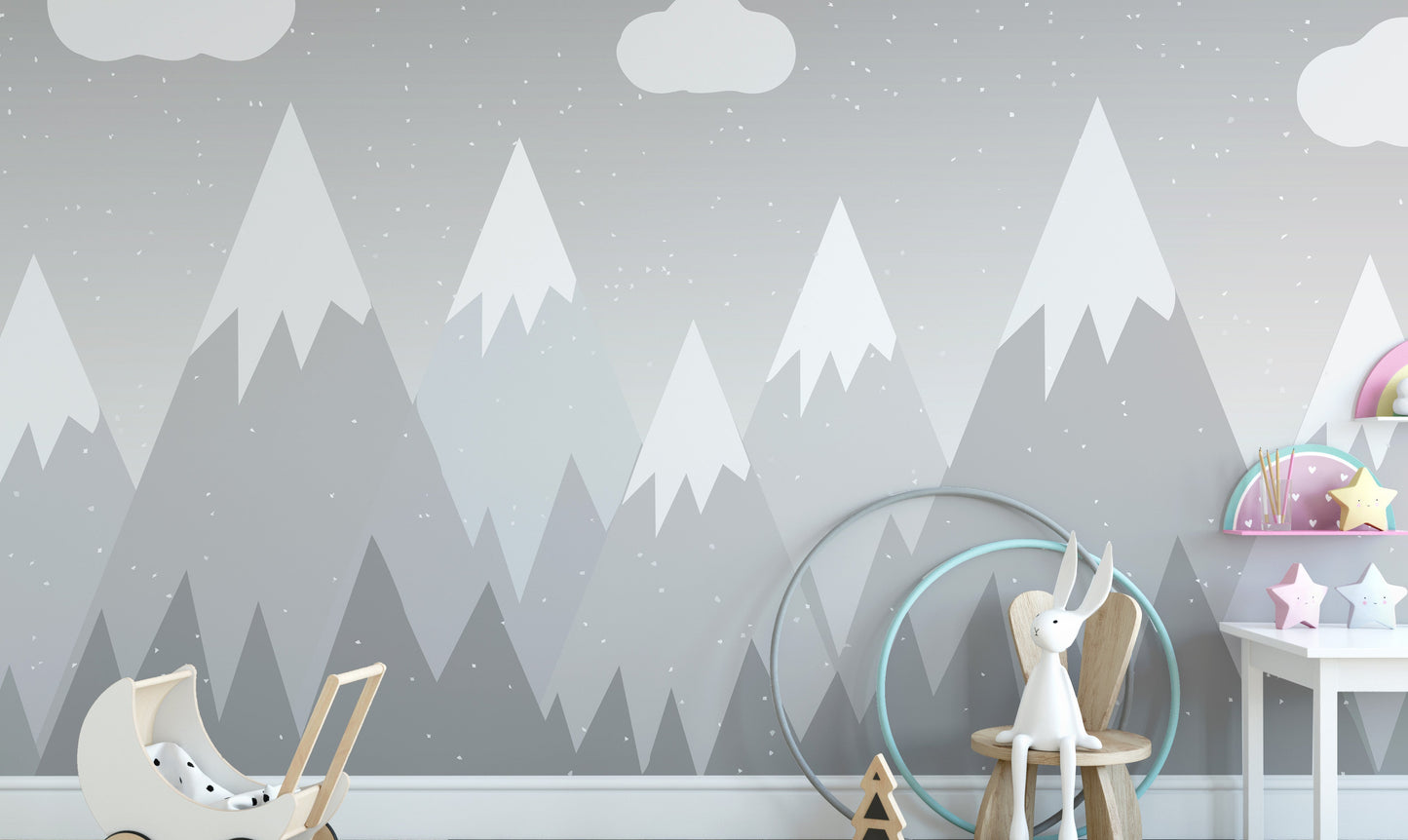 Charming grey mountain wallpaper mural for kids' rooms.
