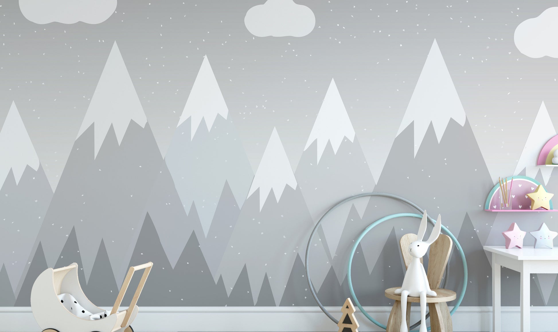 Charming grey mountain wallpaper mural for kids' rooms.
